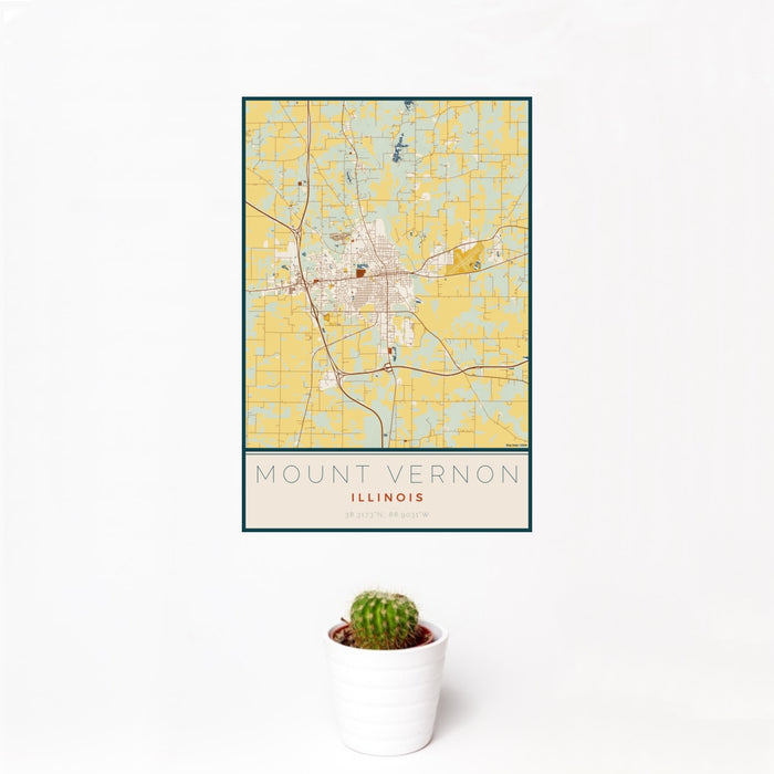 12x18 Mount Vernon Illinois Map Print Portrait Orientation in Woodblock Style With Small Cactus Plant in White Planter