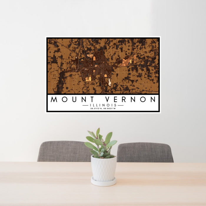 24x36 Mount Vernon Illinois Map Print Lanscape Orientation in Ember Style Behind 2 Chairs Table and Potted Plant