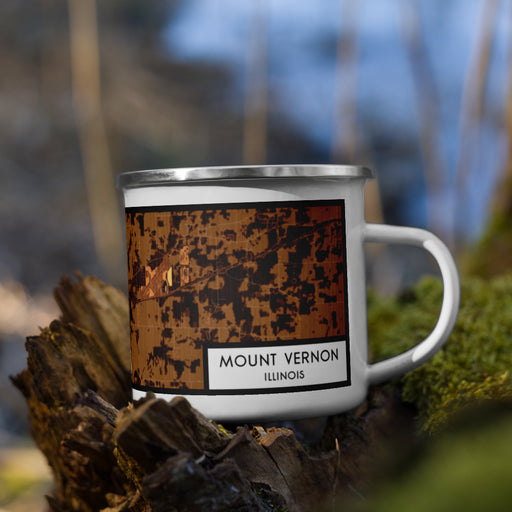 Right View Custom Mount Vernon Illinois Map Enamel Mug in Ember on Grass With Trees in Background