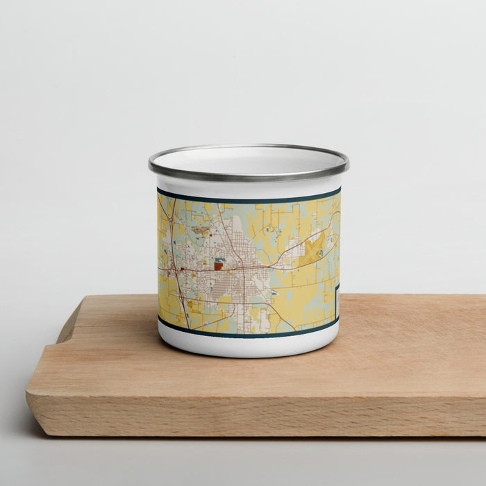 Front View Custom Mount Vernon Illinois Map Enamel Mug in Woodblock on Cutting Board