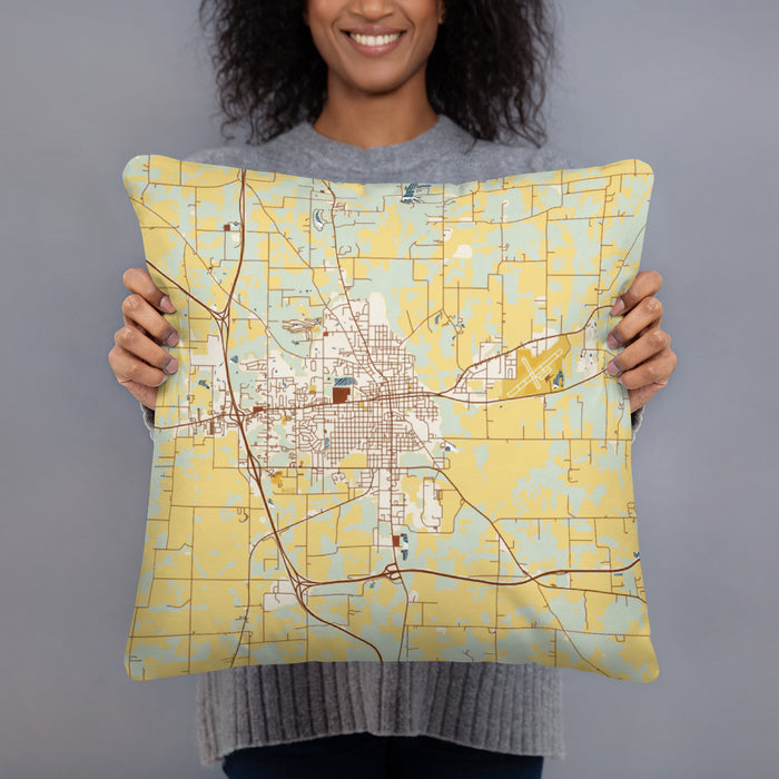 Person holding 18x18 Custom Mount Vernon Illinois Map Throw Pillow in Woodblock