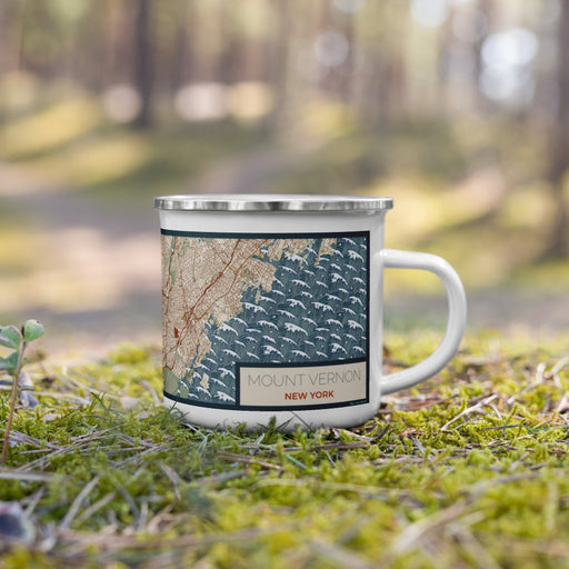 Right View Custom Mount Vernon New York Map Enamel Mug in Woodblock on Grass With Trees in Background