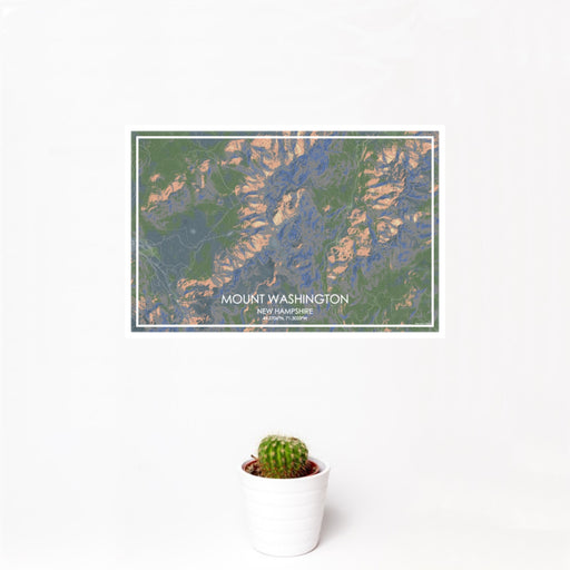 12x18 Mount Washington New Hampshire Map Print Landscape Orientation in Afternoon Style With Small Cactus Plant in White Planter