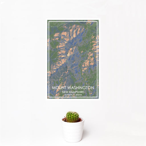 12x18 Mount Washington New Hampshire Map Print Portrait Orientation in Afternoon Style With Small Cactus Plant in White Planter