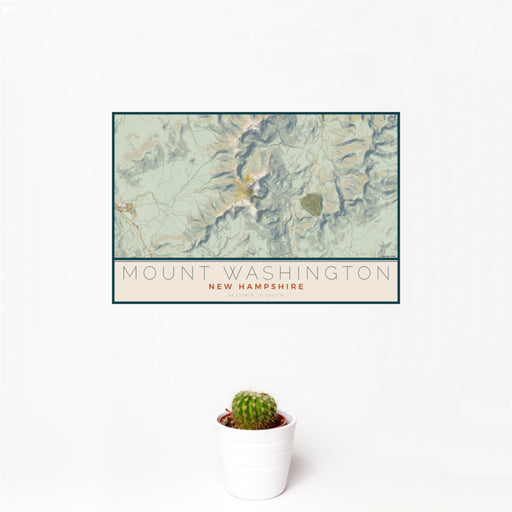 12x18 Mount Washington New Hampshire Map Print Landscape Orientation in Woodblock Style With Small Cactus Plant in White Planter