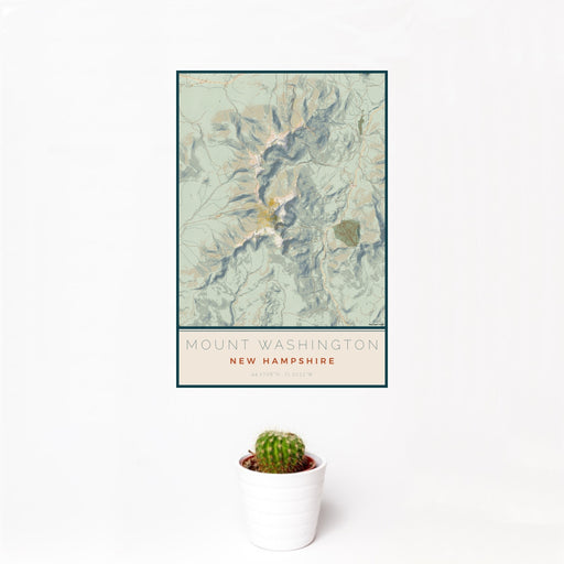 12x18 Mount Washington New Hampshire Map Print Portrait Orientation in Woodblock Style With Small Cactus Plant in White Planter