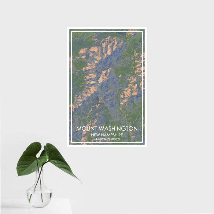16x24 Mount Washington New Hampshire Map Print Portrait Orientation in Afternoon Style With Tropical Plant Leaves in Water