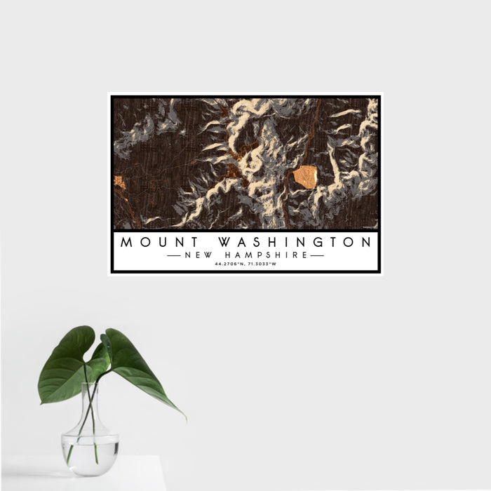 16x24 Mount Washington New Hampshire Map Print Landscape Orientation in Ember Style With Tropical Plant Leaves in Water