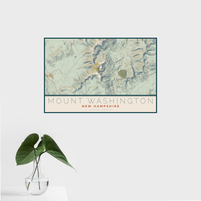 16x24 Mount Washington New Hampshire Map Print Landscape Orientation in Woodblock Style With Tropical Plant Leaves in Water