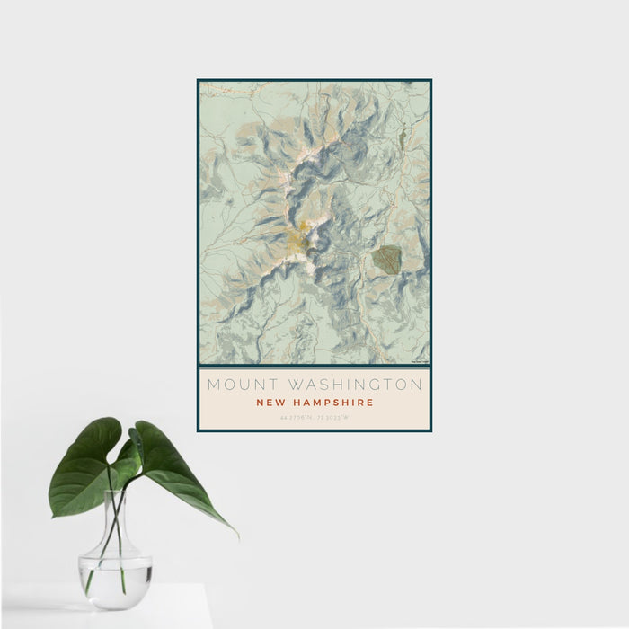 16x24 Mount Washington New Hampshire Map Print Portrait Orientation in Woodblock Style With Tropical Plant Leaves in Water