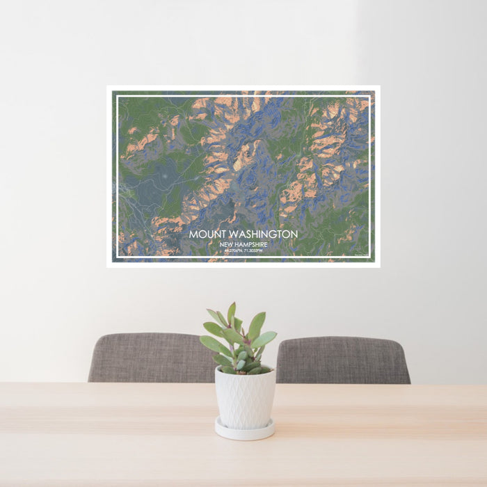 24x36 Mount Washington New Hampshire Map Print Lanscape Orientation in Afternoon Style Behind 2 Chairs Table and Potted Plant