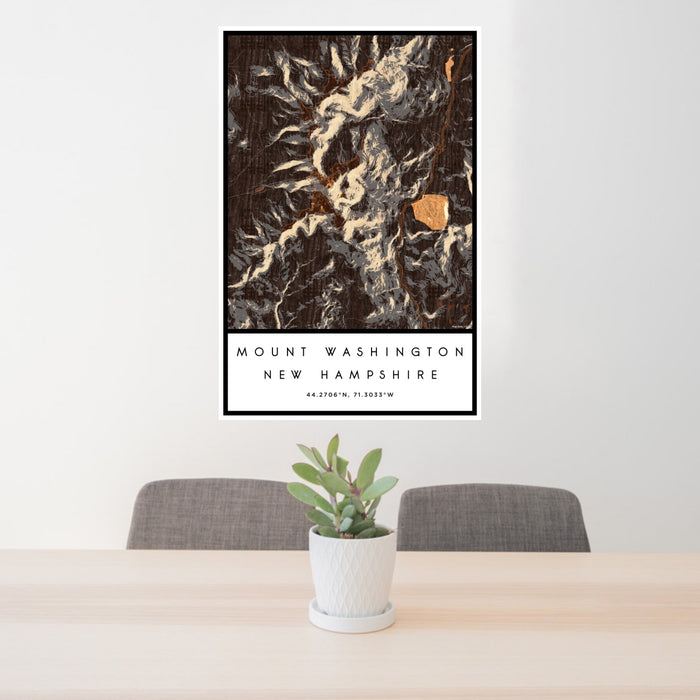 24x36 Mount Washington New Hampshire Map Print Portrait Orientation in Ember Style Behind 2 Chairs Table and Potted Plant