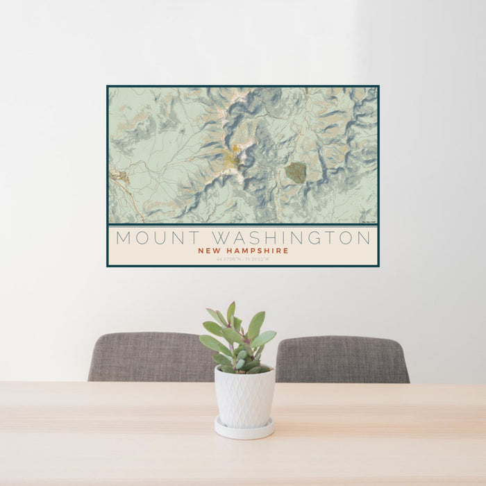 24x36 Mount Washington New Hampshire Map Print Lanscape Orientation in Woodblock Style Behind 2 Chairs Table and Potted Plant