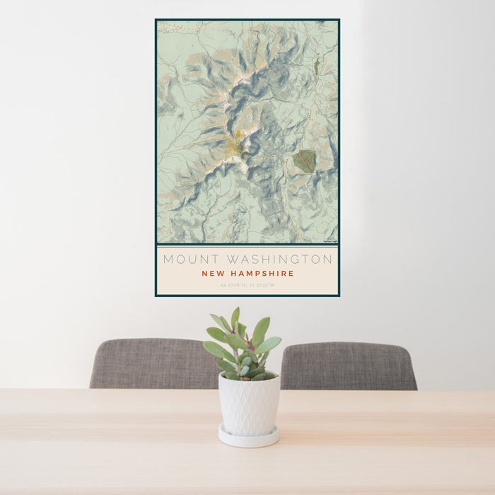 24x36 Mount Washington New Hampshire Map Print Portrait Orientation in Woodblock Style Behind 2 Chairs Table and Potted Plant