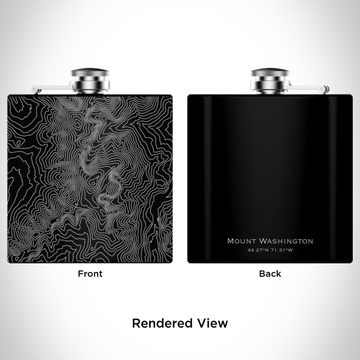 Rendered View of Mount Washington New Hampshire Map Engraving on 6oz Stainless Steel Flask in Black