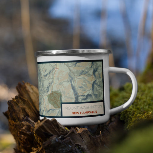 Right View Custom Mount Washington New Hampshire Map Enamel Mug in Woodblock on Grass With Trees in Background