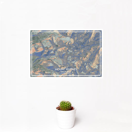 12x18 Mount Whitney California Map Print Landscape Orientation in Afternoon Style With Small Cactus Plant in White Planter