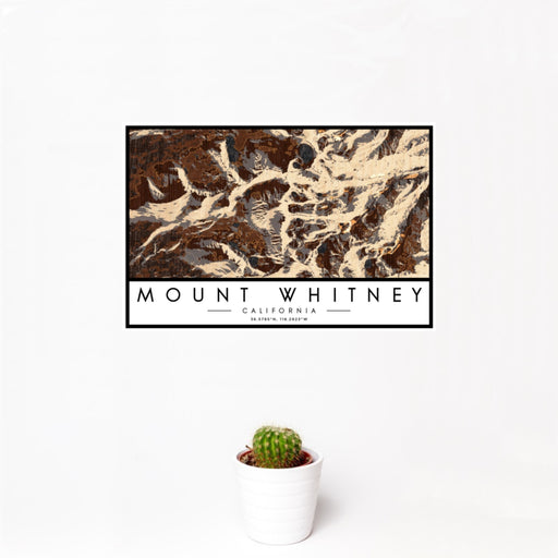 12x18 Mount Whitney California Map Print Landscape Orientation in Ember Style With Small Cactus Plant in White Planter