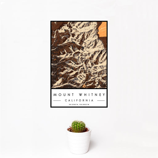 12x18 Mount Whitney California Map Print Portrait Orientation in Ember Style With Small Cactus Plant in White Planter