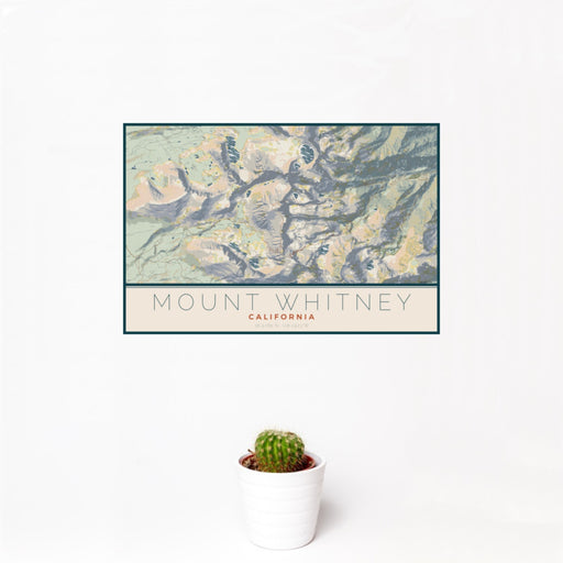 12x18 Mount Whitney California Map Print Landscape Orientation in Woodblock Style With Small Cactus Plant in White Planter