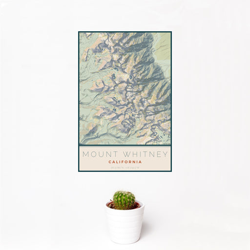 12x18 Mount Whitney California Map Print Portrait Orientation in Woodblock Style With Small Cactus Plant in White Planter