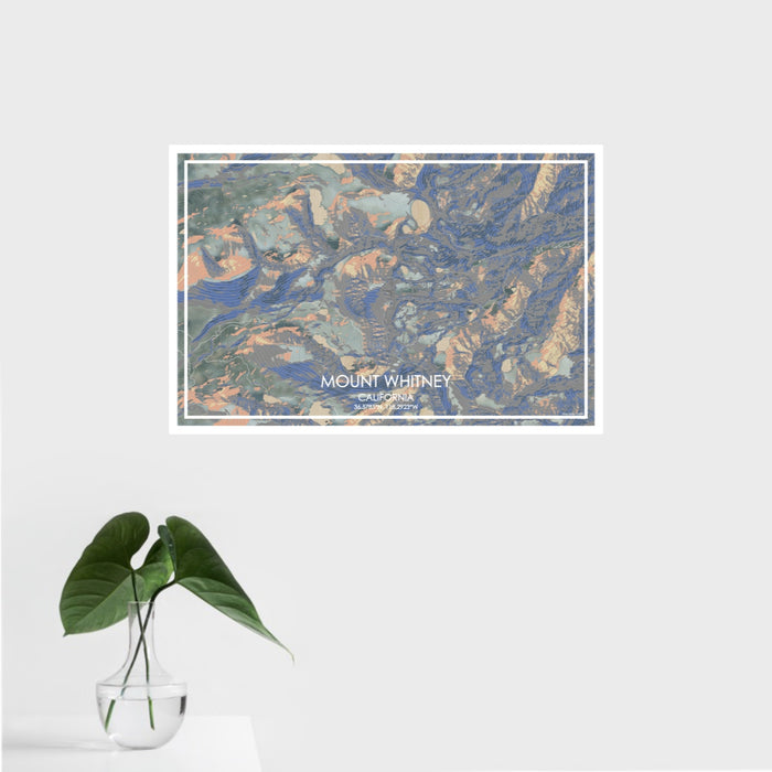16x24 Mount Whitney California Map Print Landscape Orientation in Afternoon Style With Tropical Plant Leaves in Water