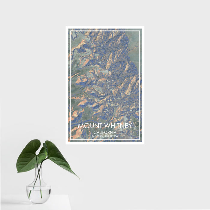 16x24 Mount Whitney California Map Print Portrait Orientation in Afternoon Style With Tropical Plant Leaves in Water
