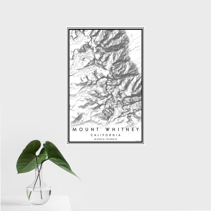 16x24 Mount Whitney California Map Print Portrait Orientation in Classic Style With Tropical Plant Leaves in Water