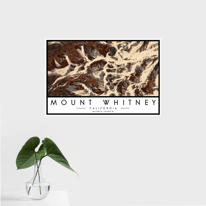 16x24 Mount Whitney California Map Print Landscape Orientation in Ember Style With Tropical Plant Leaves in Water