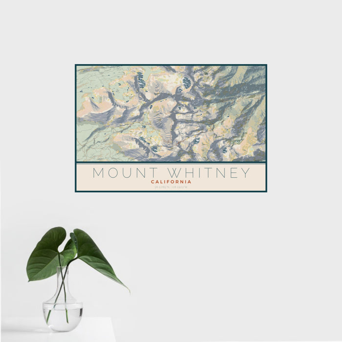 16x24 Mount Whitney California Map Print Landscape Orientation in Woodblock Style With Tropical Plant Leaves in Water