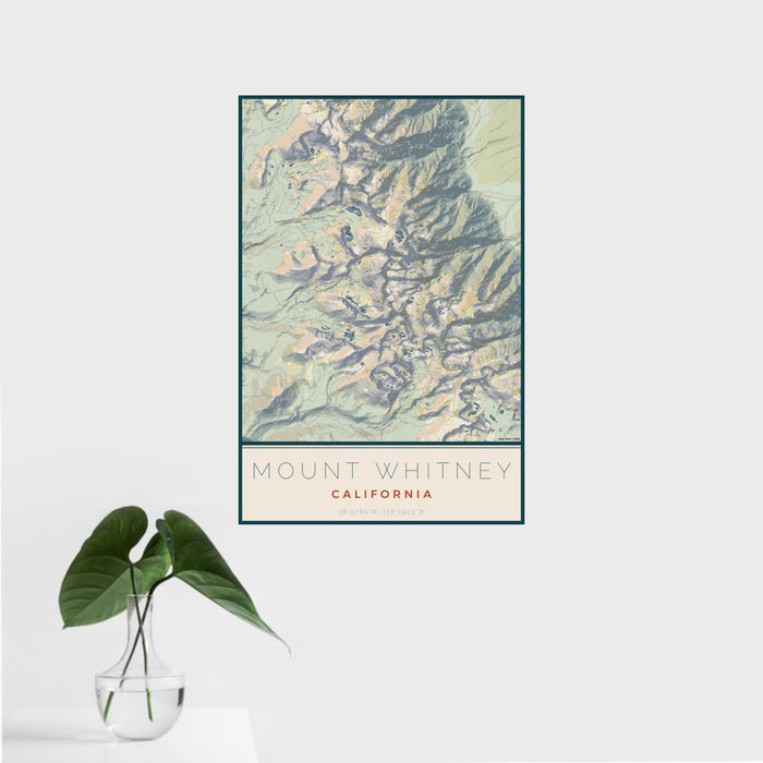 16x24 Mount Whitney California Map Print Portrait Orientation in Woodblock Style With Tropical Plant Leaves in Water