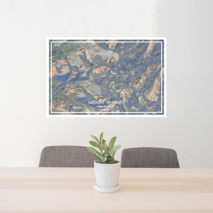 24x36 Mount Whitney California Map Print Lanscape Orientation in Afternoon Style Behind 2 Chairs Table and Potted Plant