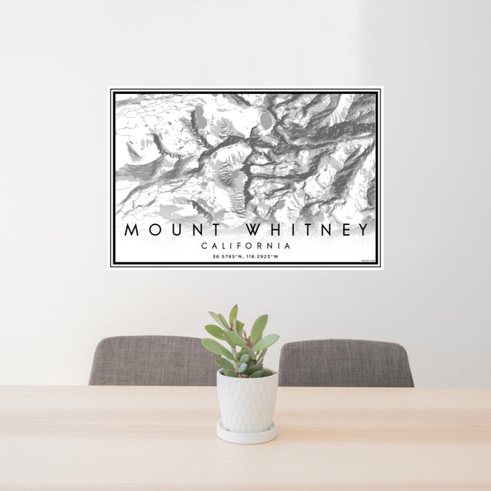 24x36 Mount Whitney California Map Print Lanscape Orientation in Classic Style Behind 2 Chairs Table and Potted Plant