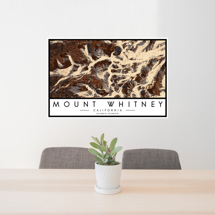 24x36 Mount Whitney California Map Print Lanscape Orientation in Ember Style Behind 2 Chairs Table and Potted Plant