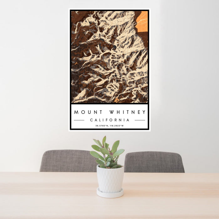 24x36 Mount Whitney California Map Print Portrait Orientation in Ember Style Behind 2 Chairs Table and Potted Plant