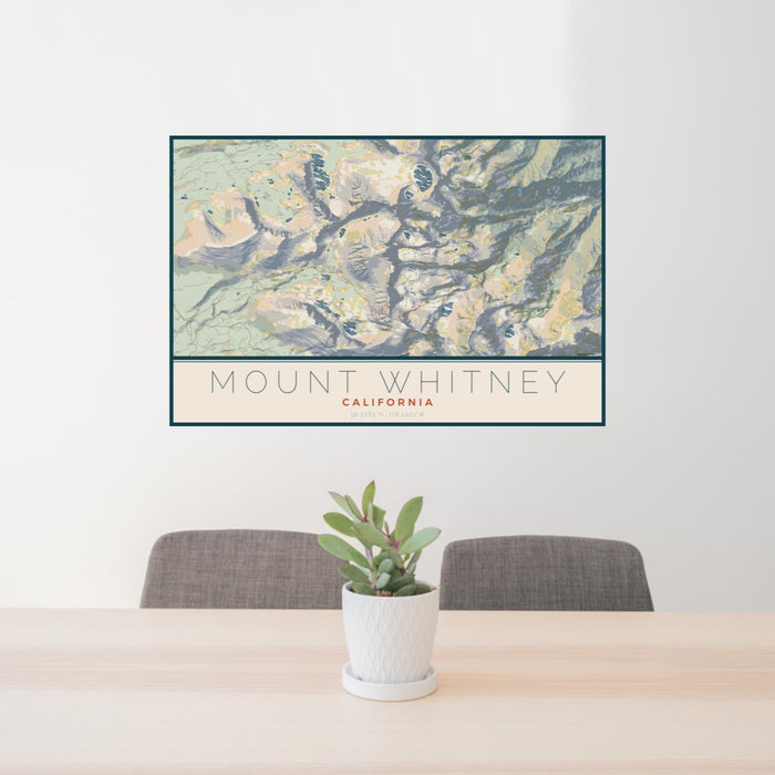 24x36 Mount Whitney California Map Print Lanscape Orientation in Woodblock Style Behind 2 Chairs Table and Potted Plant