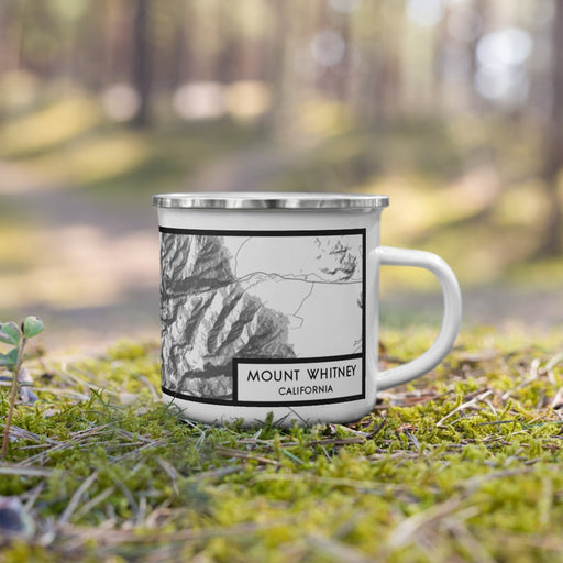 Right View Custom Mount Whitney California Map Enamel Mug in Classic on Grass With Trees in Background