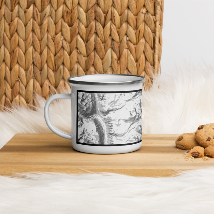 Left View Custom Mount Whitney California Map Enamel Mug in Classic on Table Top