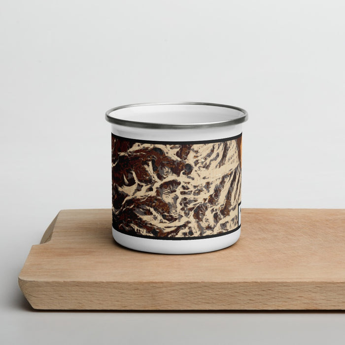 Front View Custom Mount Whitney California Map Enamel Mug in Ember on Cutting Board