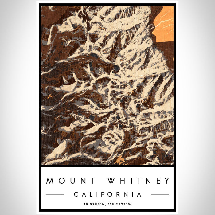 Mount Whitney California Map Print Portrait Orientation in Ember Style With Shaded Background