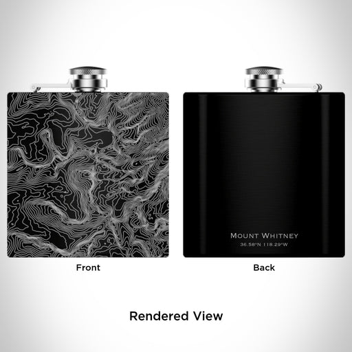 Rendered View of Mount Whitney California Map Engraving on 6oz Stainless Steel Flask in Black