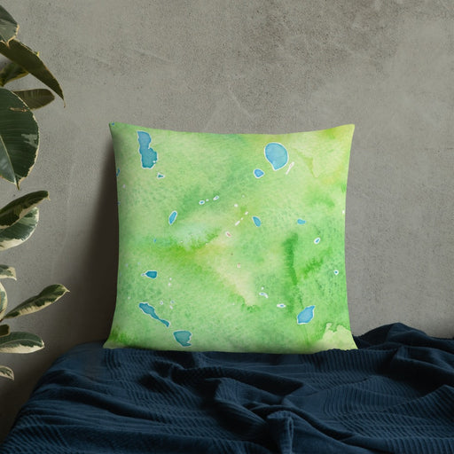 Custom Mount Whitney California Map Throw Pillow in Watercolor on Bedding Against Wall