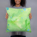 Person holding 18x18 Custom Mount Whitney California Map Throw Pillow in Watercolor