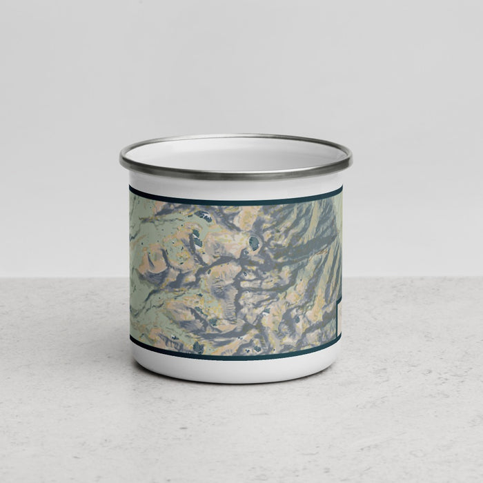 Front View Custom Mount Whitney California Map Enamel Mug in Woodblock
