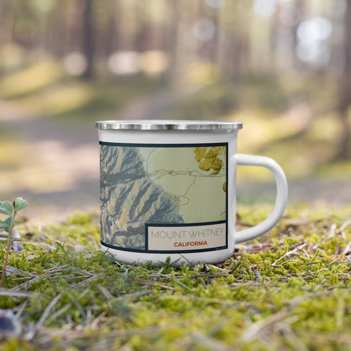 Right View Custom Mount Whitney California Map Enamel Mug in Woodblock on Grass With Trees in Background
