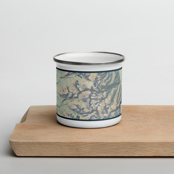 Front View Custom Mount Whitney California Map Enamel Mug in Woodblock on Cutting Board
