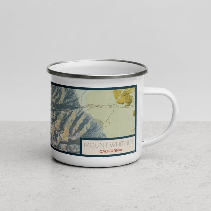 Right View Custom Mount Whitney California Map Enamel Mug in Woodblock