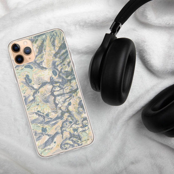 Custom Mount Whitney California Map Phone Case in Woodblock on Table with Black Headphones