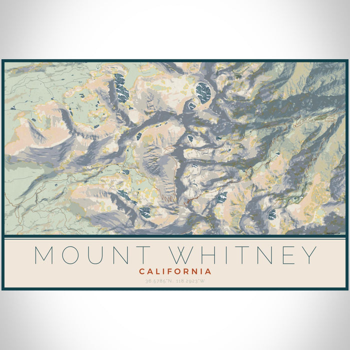 Mount Whitney California Map Print Landscape Orientation in Woodblock Style With Shaded Background