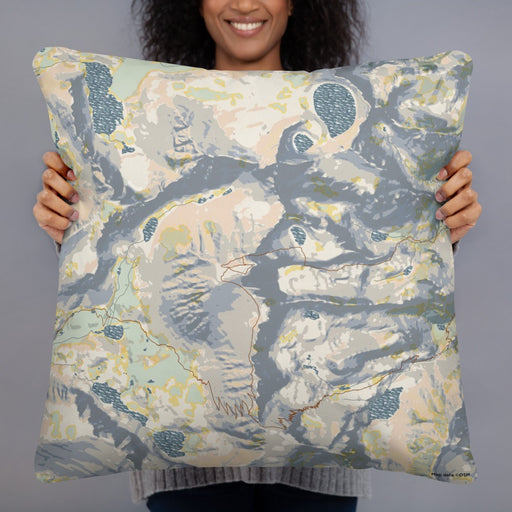 Person holding 22x22 Custom Mount Whitney California Map Throw Pillow in Woodblock